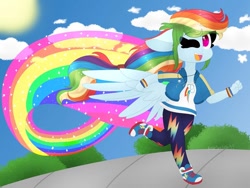 Size: 1080x810 | Tagged: artist needed, safe, artist:applescribble33, character:rainbow dash, episode:run to break free, g4, my little pony:equestria girls, converse, cute, cute little fangs, dashabetes, fangs, female, one eye closed, open mouth, ponied up, rainbow trail, running, shoes, sneakers, solo, wings, wink