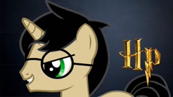 Size: 1280x720 | Tagged: artist needed, safe, species:pony, species:unicorn, crossover, glasses, gradient background, grin, harry potter, male, ponified, smiling, solo, youtube link