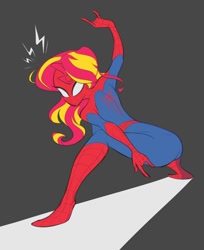 Size: 928x1138 | Tagged: artist needed, safe, character:sunset shimmer, my little pony:equestria girls, bunset shimmer, butt, crossover, female, gray background, marvel, simple background, solo, spider-man, spider-sense, superhero, superhero costume, white eyes