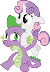 Size: 745x1071 | Tagged: artist needed, safe, character:spike, character:sweetie belle, species:dragon, species:pony, species:unicorn, ship:spikebelle, carrying, cute, dawwww, diasweetes, female, filly, holding a pony, male, open mouth, shipping, simple background, spikabetes, straight, they grow up so fast, transparent background
