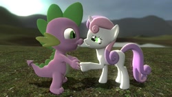 Size: 1280x720 | Tagged: artist needed, safe, character:spike, character:sweetie belle, species:dragon, species:pony, species:unicorn, ship:spikebelle, 3d, cute, duo, female, filly, gmod, looking at each other, male, shipping, straight