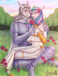 Size: 1644x2160 | Tagged: artist needed, source needed, safe, character:princess celestia, oc, oc:light knight, species:anthro, argonian, armor, blushing, canon x oc, clothing, dress, eye contact, flower, lightestia, looking at each other, male, one eye closed, outdoors, shipping, side slit, sitting, species swap, the elder scrolls, tongue out, wink