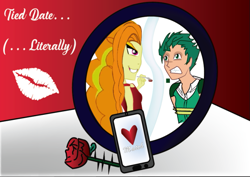Size: 689x487 | Tagged: artist needed, safe, character:adagio dazzle, character:spike, species:human, my little pony:equestria girls, adagiospike, fanfic art, female, flower, heart, human spike, humanized, kiss mark, lipstick, mirror, phone, rose, smoking
