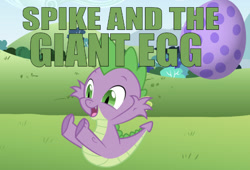 Size: 619x422 | Tagged: artist needed, safe, artist:the smiling pony, edit, editor:undeadponysoldier, character:spike, species:dragon, billy hatcher and the giant egg, caption, dragon egg, egg, field, image macro, male, solo, spike's egg, text, title card, video game