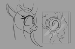 Size: 1073x708 | Tagged: artist needed, safe, character:pinkie pie, character:queen chrysalis, species:changeling, /mlp/, 4chan, changeling queen, female, grin, mirror, monochrome, open mouth, smiling, solo