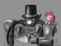 Size: 956x733 | Tagged: artist needed, safe, character:pinkie pie, species:earth pony, species:pony, clothing, cup, duo, female, food, hat, mare, shockwave, smiling, tea, teacup, top hat, transformers