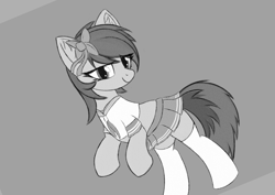 Size: 941x666 | Tagged: artist needed, safe, oc, oc only, oc:minty kitty, species:earth pony, species:pony, bow, clothing, cute, eye clipping through hair, grayscale, hair bow, kneesocks, miniskirt, moe, monochrome, pleated skirt, rearing, skirt, socks, solo, thigh highs, zettai ryouiki