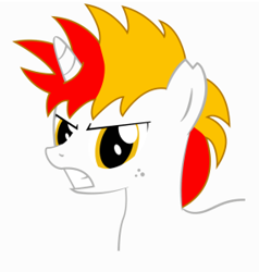 Size: 286x300 | Tagged: artist needed, safe, oc, oc only, oc:shimmering blaze, species:pony, species:unicorn, freckles, simple background, solo, torn ear