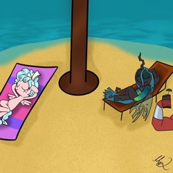 Size: 640x640 | Tagged: artist needed, safe, character:cozy glow, character:lord tirek, character:queen chrysalis, species:changeling, beach, beach towel, beach umbrella, changeling queen, crossed legs, female, hooves behind head, lying down, signature, towel