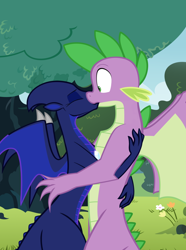 Size: 1024x1377 | Tagged: safe, artist:darkuzspirit, character:princess luna, character:spike, species:dragon, dragoness, dragonified, eyes closed, female, flower, kiss on the lips, kissing, lunadragon, male, older, older spike, shipping, species swap, spiluna, straight, tree, winged spike