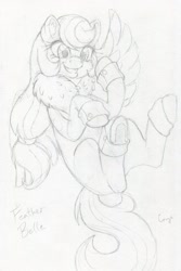 Size: 1602x2404 | Tagged: artist needed, safe, oc, oc:feather belle, species:pegasus, species:pony, chest fluff, cuffs (clothes), hair tie, monochrome, pencil drawing, smiling, traditional art