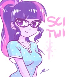 Size: 1067x1200 | Tagged: artist needed, source needed, useless source url, safe, character:twilight sparkle, character:twilight sparkle (scitwi), species:eqg human, my little pony:equestria girls, clothing, cute, female, glasses, ponytail, shirt, smiling, solo, twiabetes