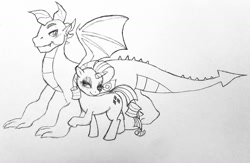 Size: 1280x834 | Tagged: artist needed, source needed, useless source url, safe, character:rarity, character:spike, species:dragon, species:pony, ship:sparity, female, male, monochrome, older, older spike, quadrupedal spike, shipping, straight, traditional art, winged spike
