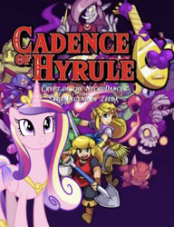 Size: 640x833 | Tagged: artist needed, safe, edit, editor:undeadponysoldier, character:princess cadance, species:alicorn, species:pony, box art, cadence of hyrule, cute, cutedance, female, guitar, link, looking up, mare, musical instrument, namesake, princess zelda, shovel, the legend of zelda, vector used, video game