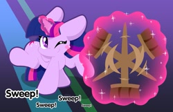 Size: 1187x768 | Tagged: safe, artist:hungrysohma, character:twilight sparkle, character:twilight sparkle (alicorn), species:alicorn, species:pony, broom, cute, female, magic, mare, smiling, solo, sweeping, sweepsweepsweep, telekinesis, text, twiabetes