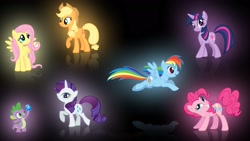 Size: 1920x1080 | Tagged: artist needed, safe, character:applejack, character:fluttershy, character:pinkie pie, character:rainbow dash, character:rarity, character:spike, character:twilight sparkle, character:twilight sparkle (unicorn), species:dragon, species:earth pony, species:pegasus, species:pony, species:unicorn, female, glow, male, mane seven, mane six, mare, sapphire