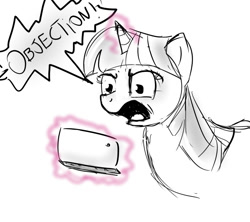 Size: 900x800 | Tagged: artist needed, safe, character:twilight sparkle, species:pony, /mlp/, ace attorney, drawthread, nintendo ds, yelling