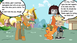 Size: 898x506 | Tagged: artist needed, safe, character:trenderhoof, species:human, species:pony, species:unicorn, angela anaconda, baby, baby pony, clothing, crossover, dialogue, downvote bait, goggles, horn, johnny test, low quality, male, speech bubble, stallion, tail