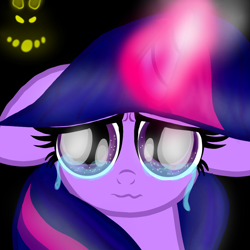 Size: 1000x1000 | Tagged: artist needed, safe, character:grogar, character:twilight sparkle, episode:the ending of the end, g4, my little pony: friendship is magic, crying, darkness, fear, floppy ears, magic, solo