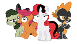 Size: 750x426 | Tagged: artist needed, safe, artist:vector-brony, artist:yetioner, editor:undeadponysoldier, character:apple bloom, character:scootaloo, character:spike, character:sweetie belle, species:dragon, species:pegasus, species:pony, angry, annoyed, apple bloom is not amused, assspike, assspike is not amused, creepy belle, creepy belle is not amused, cutie mark creeps, cutie mark crusaders, derp, elements of insanity, faec, female, filly, francie bloom, francie bloom is not amused, grumpy, karateloo, looking at you, simple background, spike is not amused, unamused, white background, wild card, wings