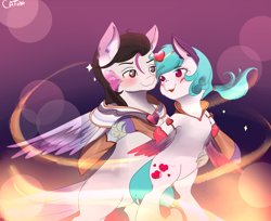 Size: 2995x2445 | Tagged: artist needed, safe, oc, oc only, species:hippogriff, species:pegasus, species:pony, clothing, cosplay, costume, couple, female, hug, in love, league of legends, male