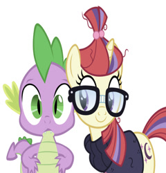Size: 653x679 | Tagged: artist needed, safe, editor:undeadponysoldier, character:moondancer, character:spike, species:dragon, species:pony, species:unicorn, ship:spikedancer, blushing, confused, cute, female, glasses, happy, male, mare, shipping, simple background, spikelove, straight, vector used, white background