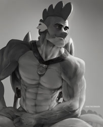 Size: 1080x1331 | Tagged: artist needed, safe, character:spike, species:dragon, /mlp/, episode:the last problem, g4, my little pony: friendship is magic, abs, buff, chad, chad spike, gigachad, gigachad spike, grayscale, jewelry, lidded eyes, male, medal, meme, monochrome, muscles, necklace, older, older spike, sitting, smiling, smirk, solo, stupid sexy spike, that was fast, vein, winged spike
