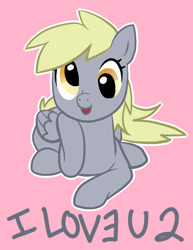 Size: 455x590 | Tagged: source needed, safe, artist:pimmy, character:derpy hooves, species:pegasus, species:pony, cute, derpabetes, female, i love you, looking at you, pink background, simple background, smiling, solo
