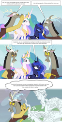 Size: 1280x2500 | Tagged: safe, edit, edited screencap, screencap, character:cozy glow, character:discord, character:lord tirek, character:princess celestia, character:princess luna, character:queen chrysalis, species:alicorn, species:centaur, species:changeling, species:draconequus, species:pegasus, species:pony, episode:the ending of the end, g4, my little pony: friendship is magic, comic, cozybuse, discord drama, female, male, petrification, screencap comic, text, vulgar