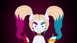 Size: 1280x720 | Tagged: artist needed, safe, species:earth pony, species:pony, batman, bracelet, choker, clown makeup, evil, harley quinn, jewelry, looking at you, makeup, pigtails, ponified, spiked wristband, suicide squad, wristband