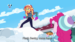 Size: 1912x1080 | Tagged: source needed, safe, edit, edited screencap, screencap, character:pinkie pie, character:sunset shimmer, species:human, equestria girls:holidays unwrapped, g4, my little pony:equestria girls, 1000 hours in ms paint, angry, battle stance, beanie, boots, butt, clenched fist, clothing, cloud, cryllic, cyrillic, day, dessert, determined, dialogue, exclamation point, eyelashes, female, food, gloves, hat, holding, implied flash sentry, jacket, logo, ms paint, ms paint adventures, open mouth, outdoors, pants, pastry, plusplus, pocket, pockets, pointing, pointing at self, ripped, ripped pants, ripping clothes, scarf, shoes, sky, snow, snowball, snowball fight, souffle, standing, subtitles, symbol, talking, teeth, text, ukraine, ukrainian, wall of tags, watermark, woman, yelling
