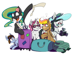 Size: 3638x2820 | Tagged: artist needed, safe, oc, oc only, oc:front page, oc:marina (efnw), oc:mocha sunrise, oc:novella, oc:sharp focus, species:earth pony, species:pegasus, species:pony, species:unicorn, bag, camera, clothing, cup, drunk bubbles, earth pony oc, everfree northwest, glasses, goggles, hat, hoof hold, horn, looking up, orca pony, original species, pegasus oc, sick, simple background, suitcase, sun hat, transparent background, unicorn oc, wing hands, wings