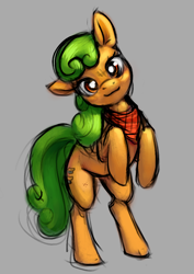 Size: 670x945 | Tagged: artist needed, safe, species:earth pony, species:pony, apple family member, apple pie (character), background pony, bandana, clothing, female, floppy ears, gray background, head tilt, looking at you, mare, rearing, scarf, simple background, sketch, smiling, solo