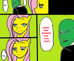 Size: 598x490 | Tagged: artist needed, source needed, safe, character:fluttershy, oc, oc:anon, species:human, species:pegasus, species:pony, 4chan, a friendly orc's daily life, clothing, comic, dialogue, female, male, mare, speech bubble, suit, user was banned for this post