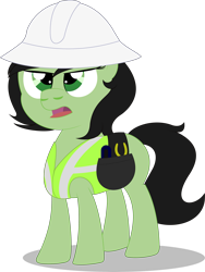 Size: 2251x2992 | Tagged: artist needed, safe, oc, oc only, oc:filly anon, species:earth pony, species:pony, clothing, female, filly, hard hat, hat, looking at you, open mouth, serious, serious face, simple background, solo, tools, transparent background
