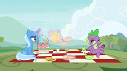 Size: 1920x1080 | Tagged: safe, edit, edited screencap, screencap, character:spike, character:trixie, ship:spixie, episode:student counsel, apple tree, basket, blush sticker, blushing, cup, female, food, gem, male, muffin, picnic, picnic basket, picnic blanket, sandwich, shipping, straight, tea, teacup, teapot, tree
