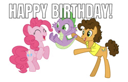 Size: 750x481 | Tagged: artist needed, safe, artist:kyrospawn, artist:zutheskunk edits, edit, editor:undeadponysoldier, character:cheese sandwich, character:pinkie pie, character:spike, species:dragon, species:earth pony, species:pony, birthday, caption, cute, diapinkes, female, happy, happy birthday, image macro, male, mare, simple background, spike's birthday, spikelove, stallion, text, white background