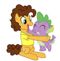 Size: 750x764 | Tagged: artist needed, safe, editor:undeadponysoldier, character:cheese sandwich, character:spike, species:dragon, species:earth pony, species:pony, cheespike, crack shipping, cute, dawwww, diacheeses, gay, happy, hug, male, shipping, simple background, spikabetes, spikelove, stallion, white background