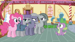 Size: 638x359 | Tagged: safe, edit, edited screencap, editor:undeadponysoldier, screencap, character:limestone pie, character:marble pie, character:maud pie, character:pinkie pie, character:spike, species:dragon, species:earth pony, species:pony, ship:maudspike, ship:pinkiespike, ship:spikestone, best friends, female, harem, male, marblespike, mare, pie sisters, ship:marblespike, shipping, siblings, sisters, sitting, slumber party, spike gets all the mares, straight