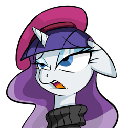 Size: 671x670 | Tagged: artist needed, safe, edit, character:rarity, species:pony, species:unicorn, episode:sweet and elite, g4, my little pony: friendship is magic, ask mademoiselle rarity, beatnik rarity, beret, clothing, female, floppy ears, frown, hat, lidded eyes, rarity is not amused, sassy, simple background, solo, sweater, textless version, unamused, white background