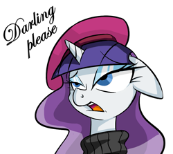 Size: 781x697 | Tagged: artist needed, safe, edit, character:rarity, species:pony, species:unicorn, ask mademoiselle rarity, beatnik rarity, beret, bust, clothing, darling, female, hat, mare, simple background, solo, sweater, white background