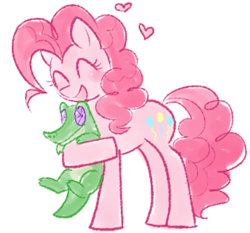 Size: 310x289 | Tagged: artist needed, source needed, safe, character:gummy, character:pinkie pie, species:earth pony, species:pony, blushing, cute, diapinkes, duo, eyes closed, heart, hug, lowres, open mouth, simple background, white background