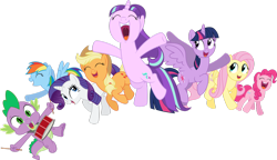 Size: 1176x679 | Tagged: artist needed, safe, character:applejack, character:fluttershy, character:pinkie pie, character:rainbow dash, character:rarity, character:spike, character:starlight glimmer, character:twilight sparkle, character:twilight sparkle (alicorn), species:alicorn, species:dragon, species:earth pony, species:pegasus, species:pony, species:unicorn, episode:the cutie re-mark, cute, drums, female, glimmerbetes, happy, jackabetes, male, mane eight, mane seven, mane six, mare, musical instrument, simple background, spikabetes, stock vector, transparent background, vector