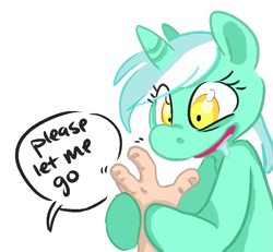 Size: 809x748 | Tagged: artist needed, safe, character:lyra heartstrings, species:human, species:pony, species:unicorn, dialogue, female, hand, human fetish, mare, shrunken pupils, simple background, solo focus, speech bubble, white background