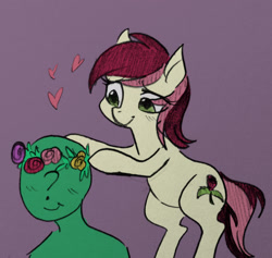Size: 2169x2060 | Tagged: artist needed, source needed, safe, character:roseluck, oc, oc:anon, species:earth pony, species:pony, blushing, female, floral head wreath, flower, heart, mare, simple background, smiling