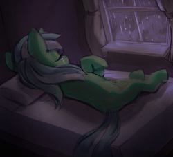 Size: 750x682 | Tagged: artist needed, source needed, safe, character:lyra heartstrings, species:pony, species:unicorn, g4, bed, bedroom, crying, eyes closed, feels, female, lying down, mare, night, on side, rain, sad, solo, window