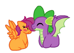 Size: 443x321 | Tagged: artist needed, safe, character:scootaloo, character:spike, species:dragon, species:pegasus, species:pony, ship:scootaspike, blushing, cute, female, male, mare, older, older scootaloo, older spike, scrunchy face, shipping, simple background, straight, transparent background, winged spike