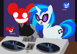 Size: 800x562 | Tagged: artist needed, safe, character:dj pon-3, character:vinyl scratch, species:pony, species:unicorn, deadmau5, duo, female, mare, ponified, tongue out, turntable