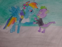 Size: 3264x2448 | Tagged: artist needed, safe, character:rainbow dash, character:spike, species:dragon, species:pegasus, species:pony, ship:rainbowspike, affection, dancing, female, love, male, mare, shipping, smiley face, straight, traditional art