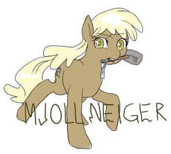 Size: 850x766 | Tagged: artist needed, safe, character:mjölna, species:earth pony, species:pony, 2012, female, hammer, mare, mouth hold, ponibooru, pun, text